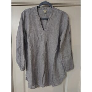 L.L. Bean Women Medium Linen Tunic Top Blue White Striped Split Neck fisherman